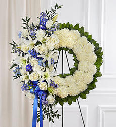 Serene Blessings Blue & White Standing Wreath from Olney's Flowers of Rome in Rome, NY