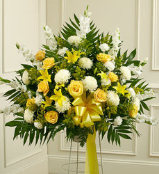 Heartfelt Sympathies Yellow Standing Basket from Olney's Flowers of Rome in Rome, NY